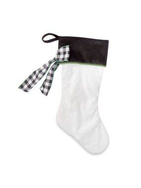 Holiday Time 19" White Christmas Stocking Black Trim Green Plaid Ribbon